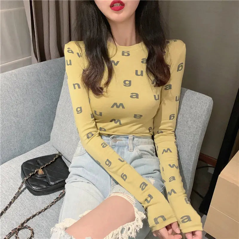 Spring Autumn New Fashion Pure Cotton Printing Letter T-Shirts Women's Clothing Round Neck Long Sleeve Pullovers Korean Thin Top