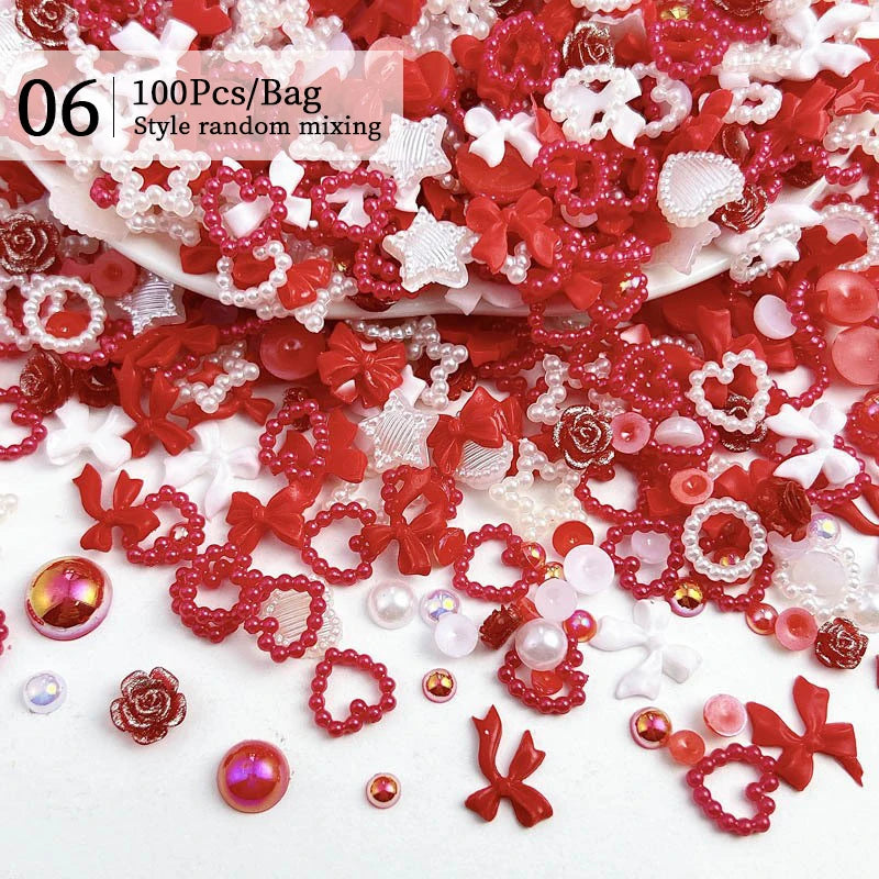 100Pcs Mixed Pink White Resin Hollow Pearl 3D Nail Charm Acrylic Love Heart Bowknot Pentagram Nail Accessories For Manicure Deco