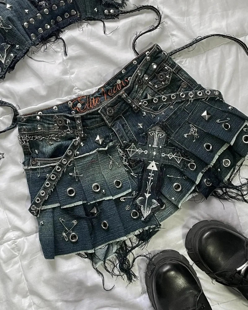 American New Fashion Cross Embroidery Patch Short Suit Female Y2K Harajuku Style Popular Sexy Spice Slim Denim Skirt Streetwear