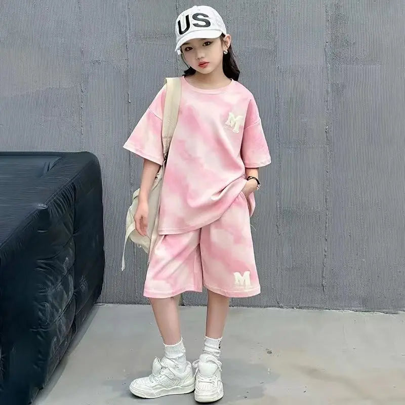 Girls Summer Korean Style Fashion 2pcs T-shirts+Pants Suits 5-15 Years Teenage Kids Sports Streetwear Sets Children Clothes