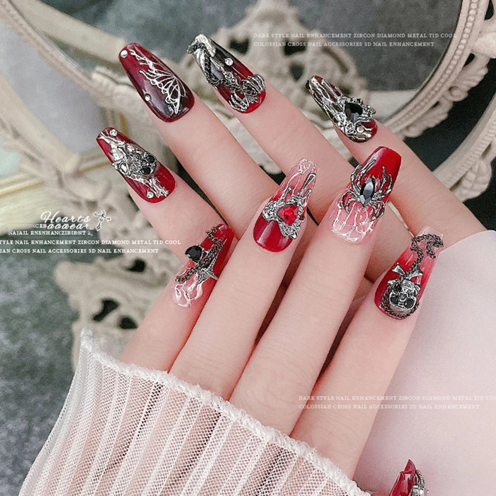 3 Pcs Dark Design Nail Charm Inlaid Diamond Darkness Punk Gothic Style Heart Zircon Nail Charm Black Accessories Decorations