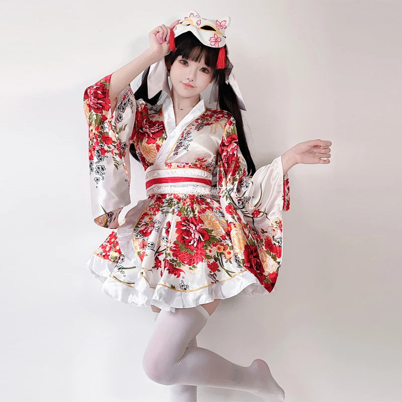 Japanese Kimono Yukata Robes Kawaii Girls Floral Printed Haori Suit Lovely Lolita Dress For Women Maid Cosplay Costume Halloween