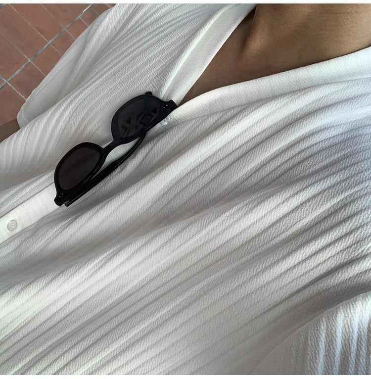 Summer Men's Loose Ice Silk Suits Fashion Casual V-neck Short Sleeve T-shirt And Pants Drape Two-piece Sets Men Clothes