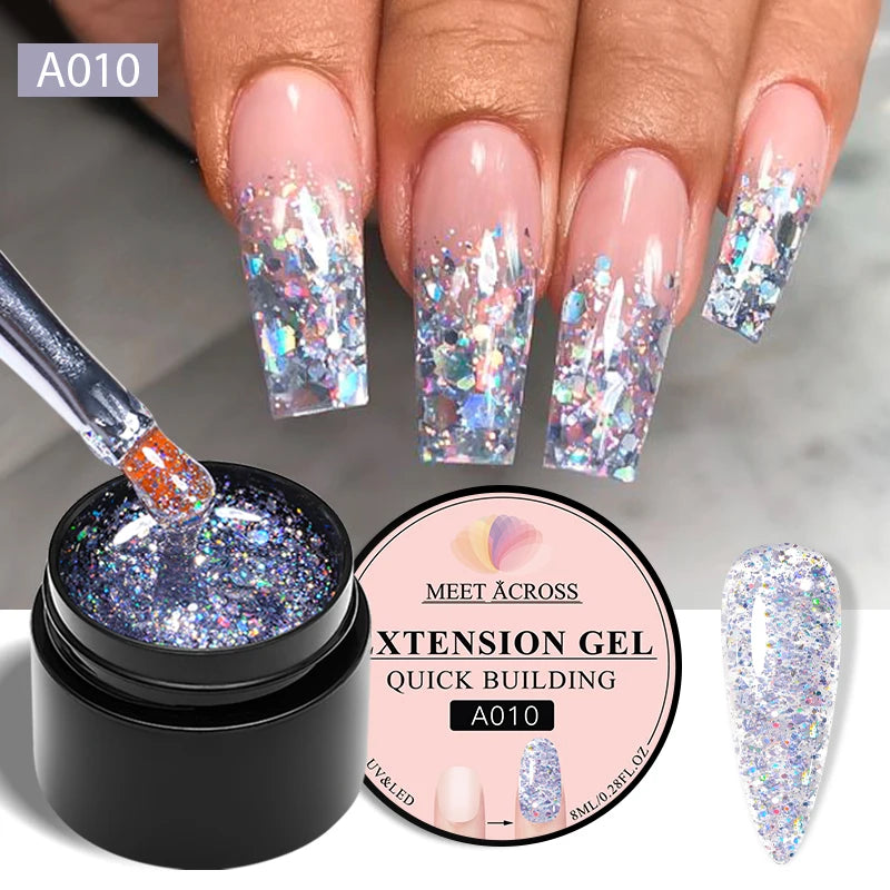 MEET ACROSS 7ML Pink Glitter Quick Extension Gel Nail Polish Gold Foils Effect Vernis Semi Permanent UV Gel Nail Art Hard Gel