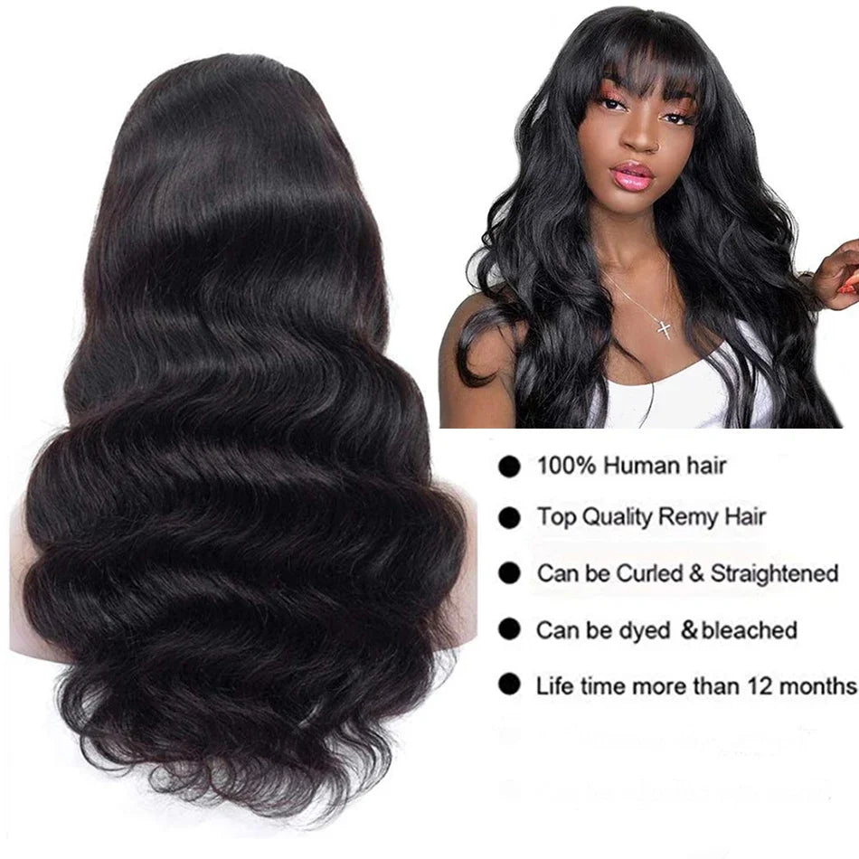 30 inch Body Wave Human Hair Wigs with Bangs Wig Brazilian Hair Wig with Bangs Full Machine Made Wigs For Women 180% Density