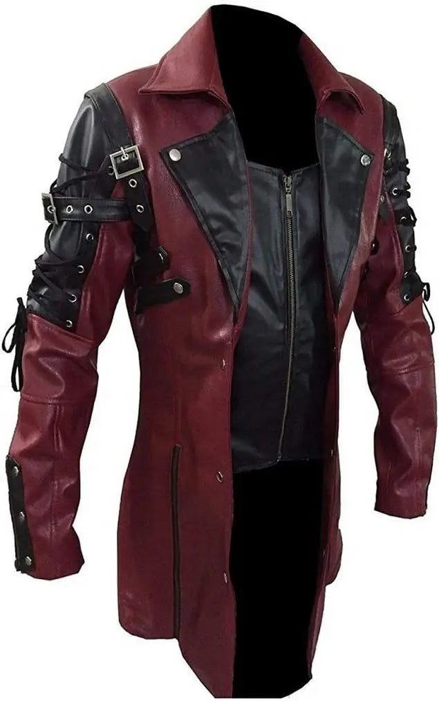 New Steampunk Men's Gothic Trench Coat Leather Jacket Punk Style Biker Jacke Autumn Winter Motocycle Jacket