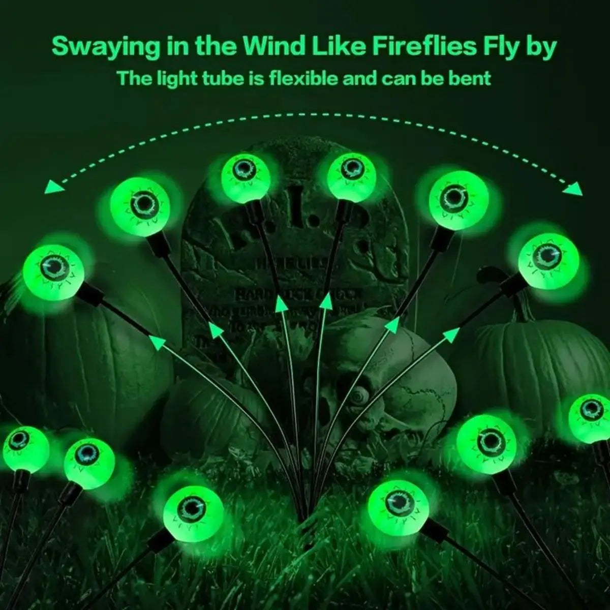 Halloween solar LED eye light decoration - green luminous eye post, flexible firefly effect, eerie outdoor decoration