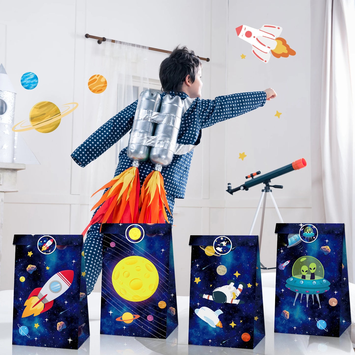 Outer Space Party Favors Gift Bags Candy Bags Tattoo Stickers Bracelet For Kids Astronaut Birthday Party Decorations Supplies