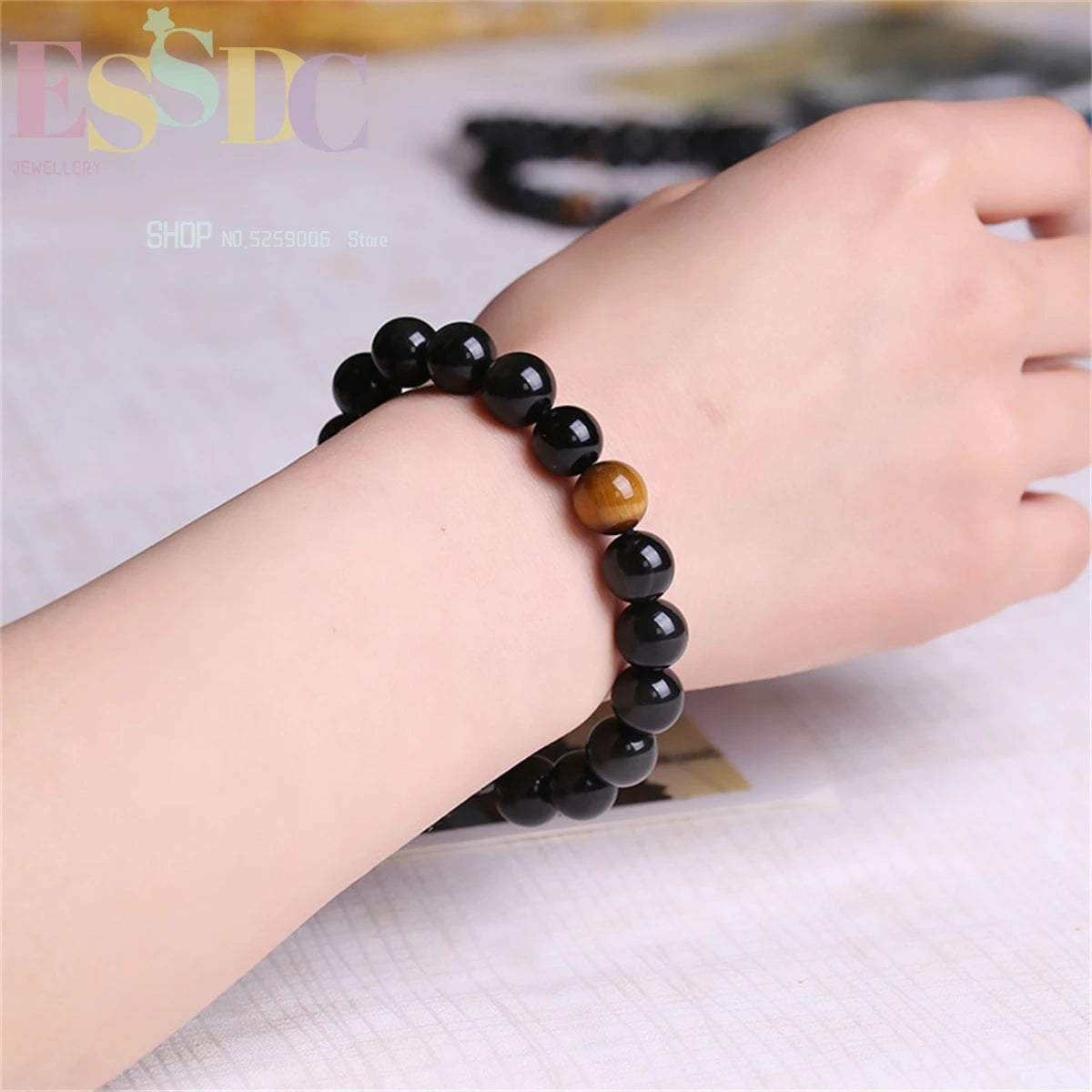 Natural Black Jade Tiger Eye Stone Beads Elastic Single Loop Energy Slimming Weight Loss Bracelet For Men Women Health Jewelry