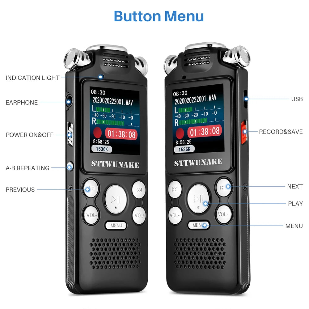 Professional Voice Activated Digital Audio Voice Recorder 8GB 16GB 32G Noise Cancelling Recording PCM Support OTG WAV MP3 Player