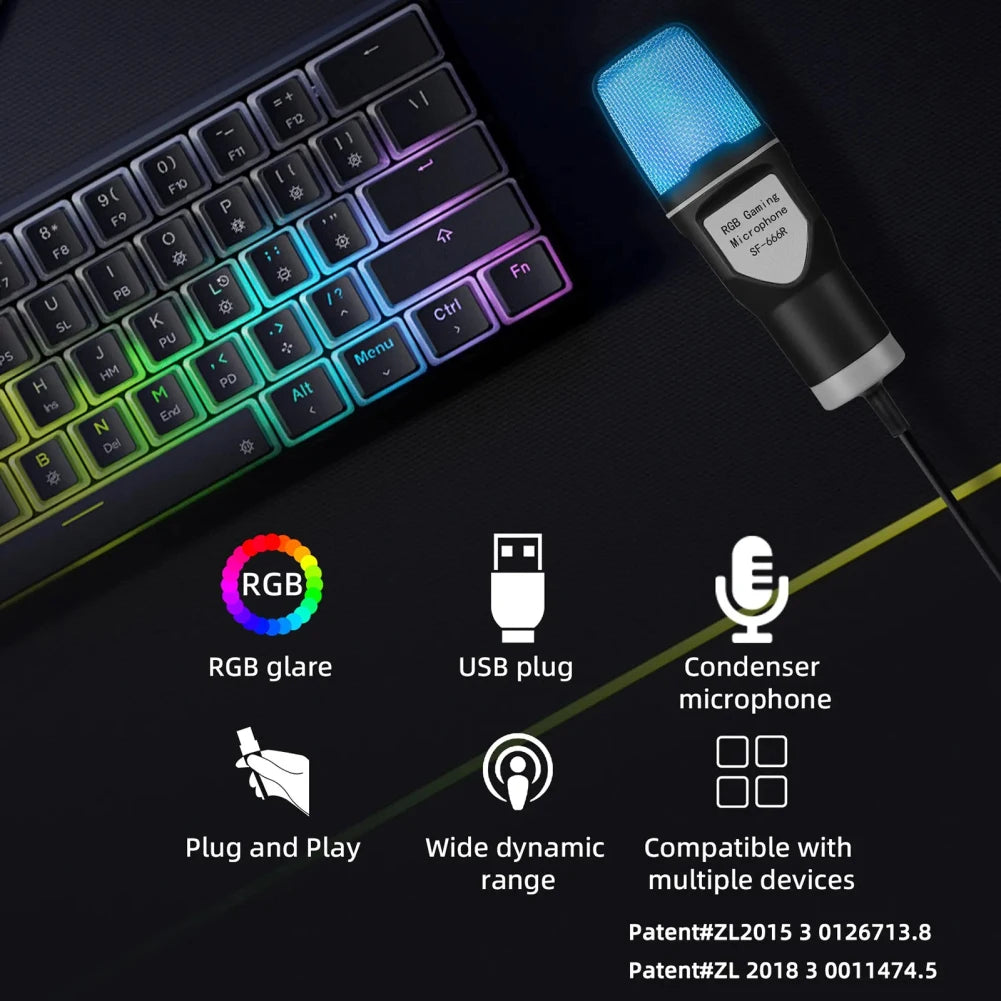 USB Wired Microphone Professional Video Recording RGB Condensador Gaming Mic with Stand For Podcast Studio Streaming Desktop