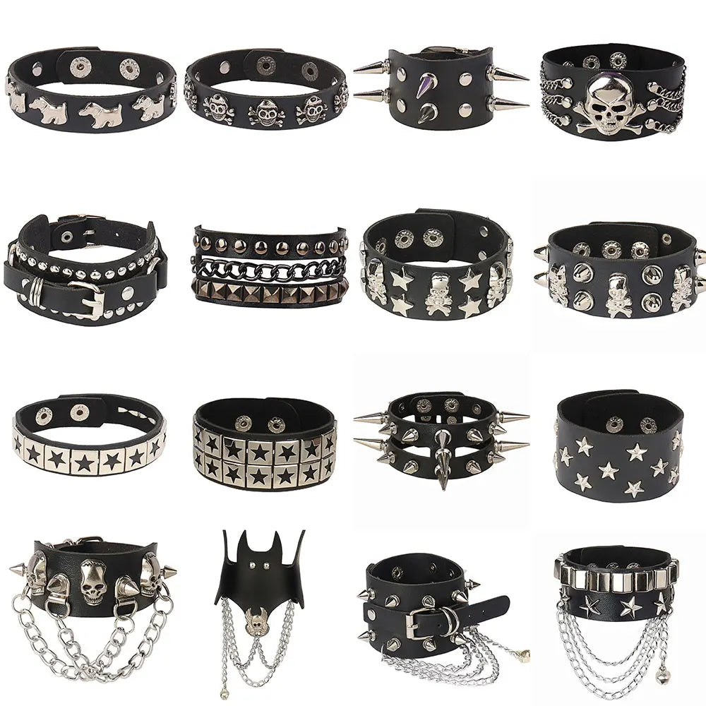 Skull Punk Gothic Rock Chains Metal Stud Spikes Rivet Pu Leather Wristband Bangle Wide Cuff Bracelet Women Men Jewelry