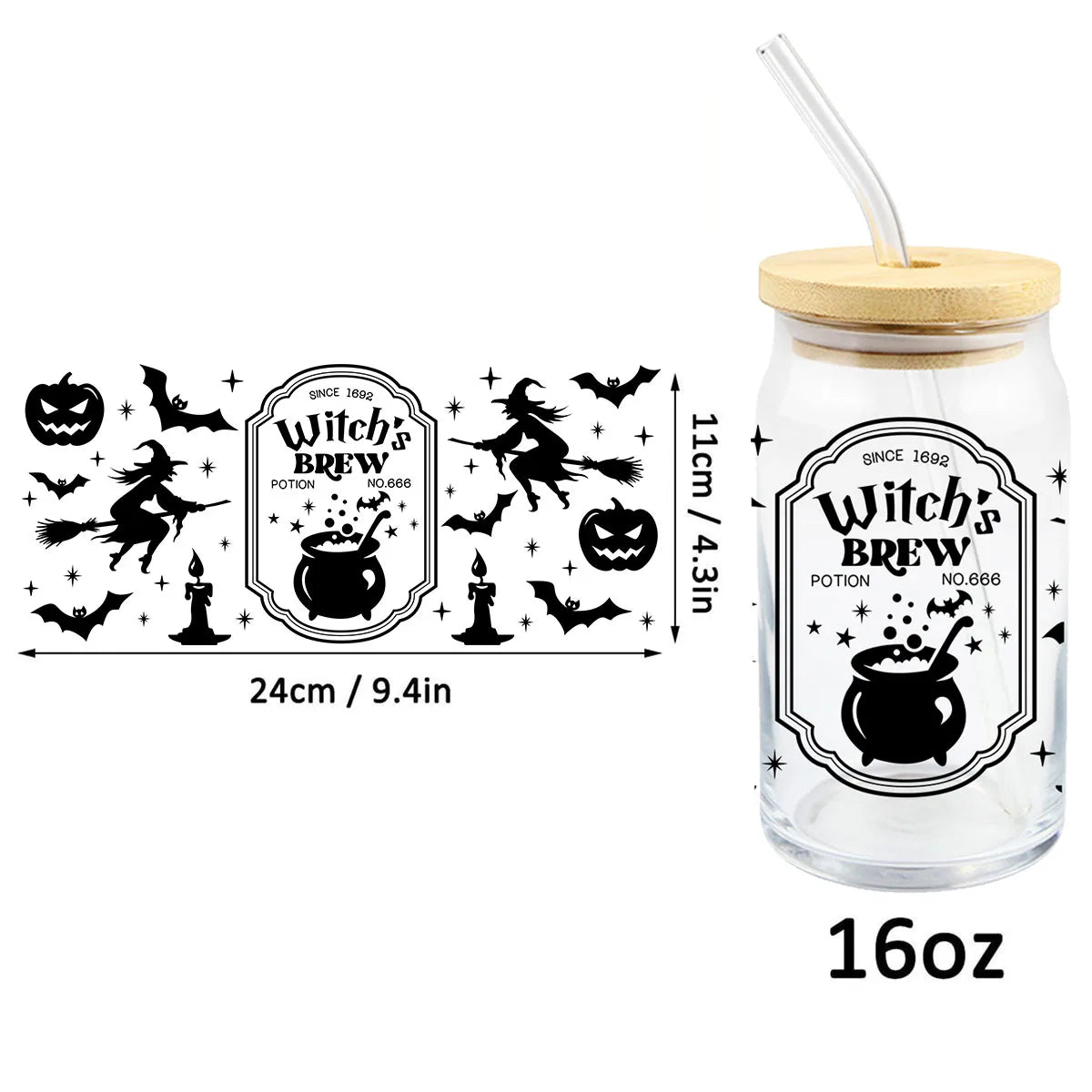 1pcs Halloween Witches Brew Witch UV DTF Transfer Sticker Libbey 16oz Glass Cups Mug Wraps Sticker Halloween Party Home Decor