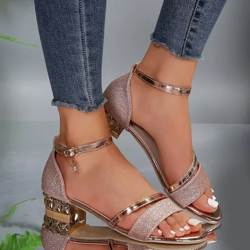 Women's Sandals Elegant High Heels Casual Shoes Open Toe Summer Gold Shoes Square Women's Ankle Straps Low Heels Shoes for Women