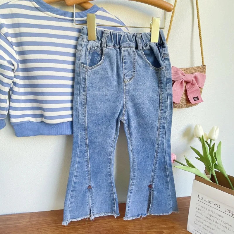 Girls Clothing Sets New Korean Fashion Striped Sweatshirt Tops + Flared Jeans 2Pcs for Kids Girls Spring Autumn Suit Outfits