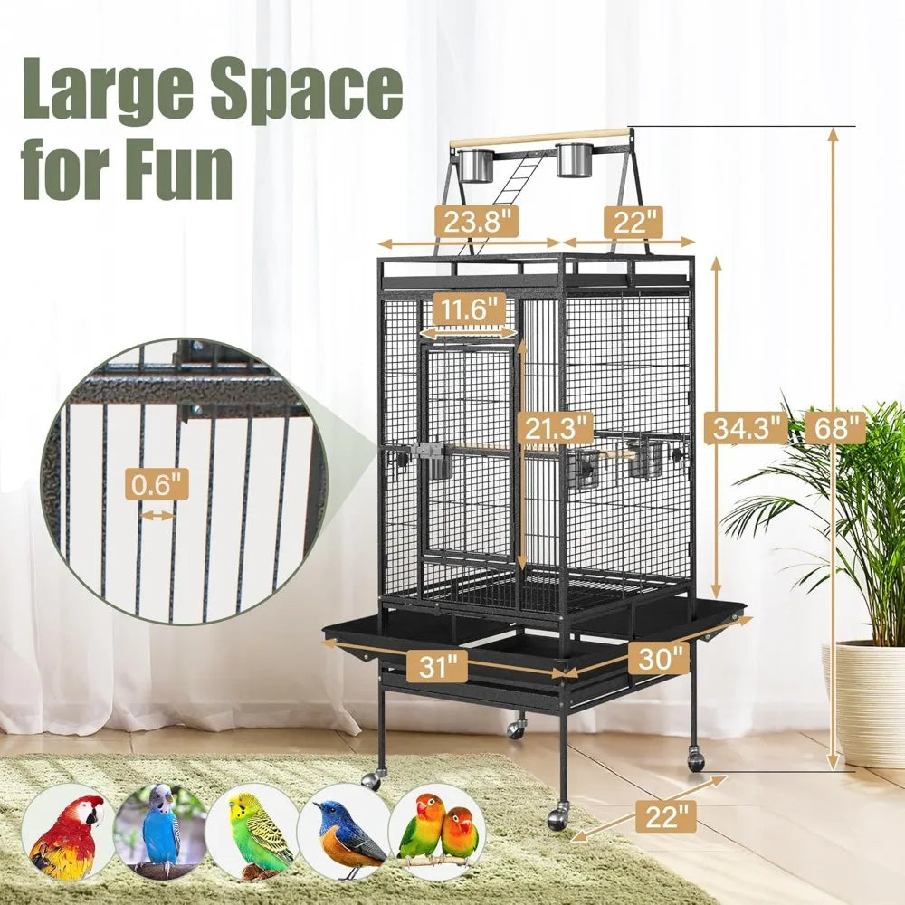 68-Inch Birdcage, Playtop Parrot Cage, Wrought Iron Bird Cage with Rolling Stand, Heavy-Duty Pet Bird House for Parrot Cockatiel