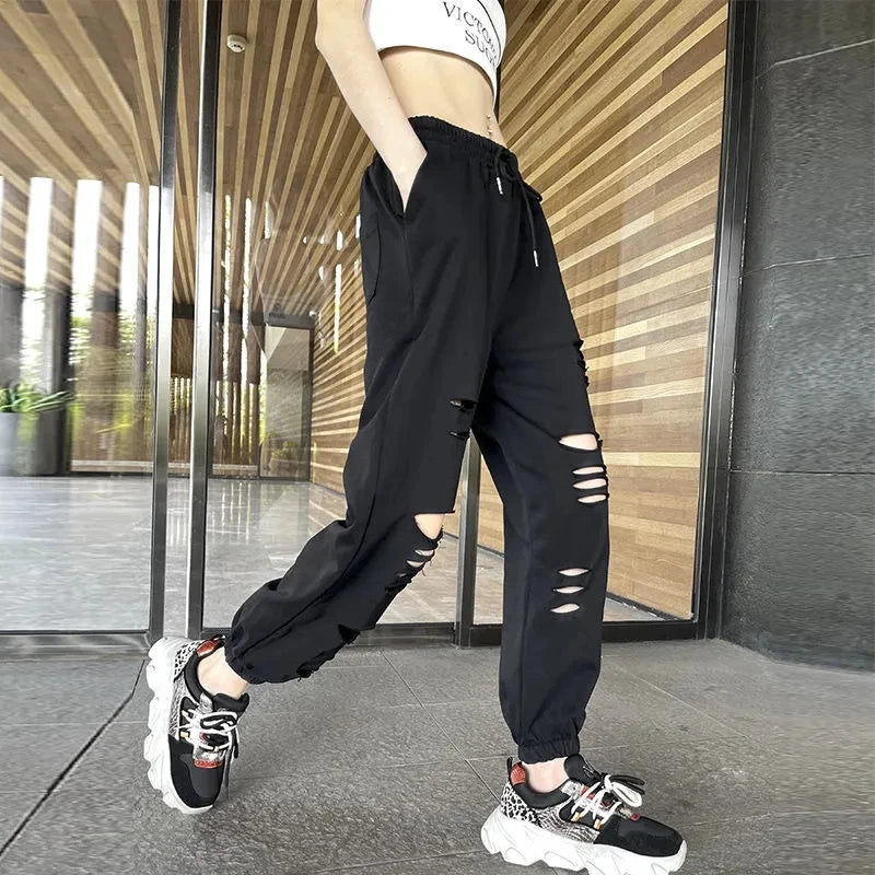 MEXZT Fashion Hole Streetwear Women Harem Pants Summer Harajuku Hollow Out High Waist Elastic Sweatpants Casual Korean Y2k Pants