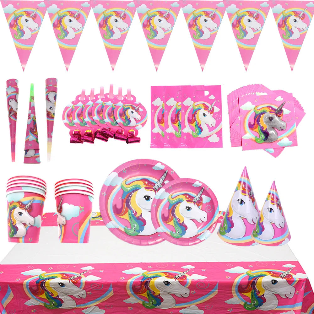 Children Unicorn Paper Cup Paper Tray Tissue Knife, Fork, Spoon Girl Birthday Party Tableware Set Holiday Decorative Supplies