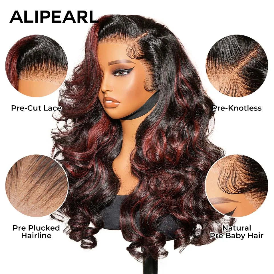 AliPearl Hair Burgundy Red Highlight Color Wig Customized Wave 5×7 Lace Closure & 13×4 Lace Frontal Wig Pre Cut Lace Pre Plucked