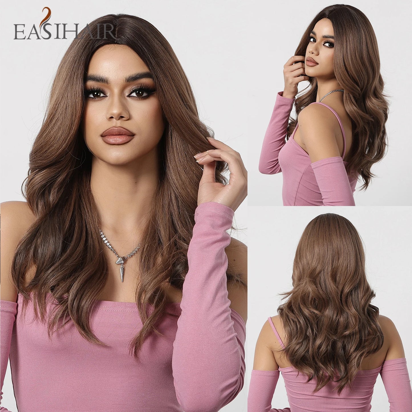 EASIHAIR Long Wavy Brown Synthetic Wigs for Women Dark Brown Wigs With Side Bangs Natural Hair for Daily Use Heat Resistant Wig