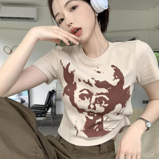 Vintage Women Summer Clothes Graphic T-shirt Fashion Short Sleeve Trend Punk Head Print T Shirt Clothing Tee Female Top