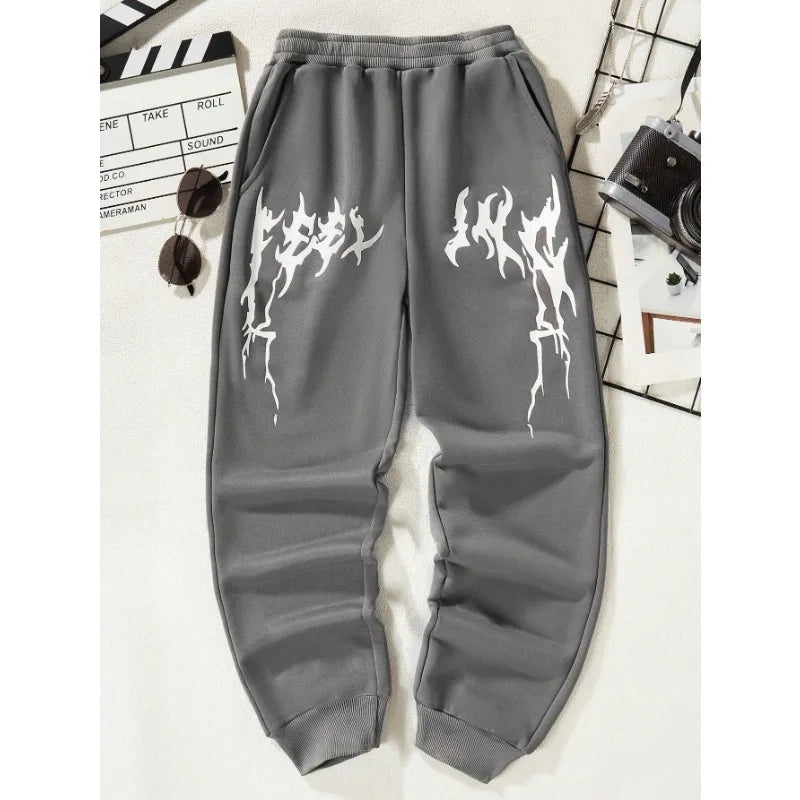 2024 American Knitted Sports Printing Pattern Casual Solid Color Men's Leggings with Loose and Versatile Drawstring Pants