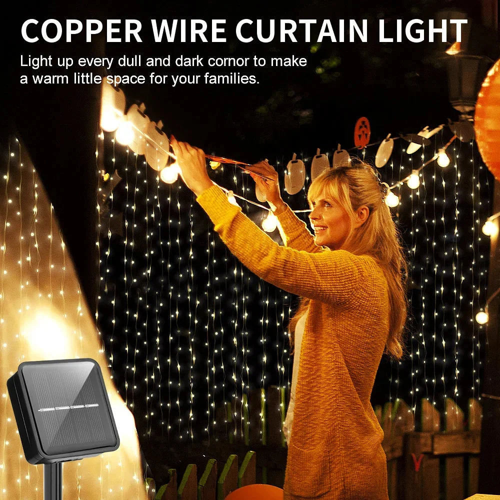 Solar Curtain Light LED Outdoor Waterproof 300leds Garland Decoration String Lights Yard Christmas Fairy Garland String Lights