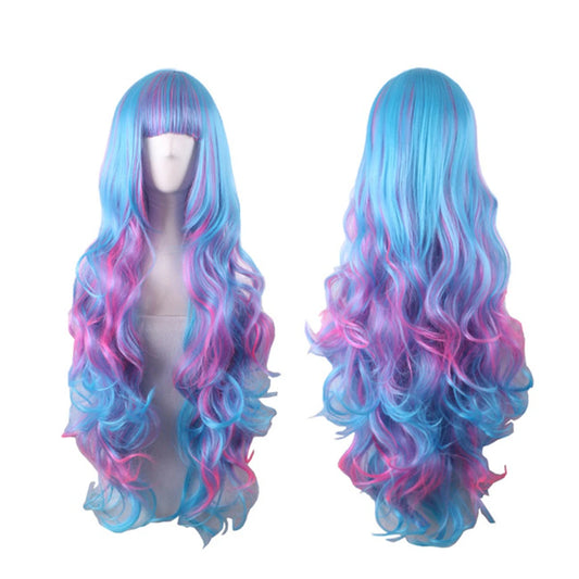 Synthetic Hair Blue Rainbow Wig With Bangs Wavy Party Cosplay Female Wigs For Women Long Anime Wig Colored Red Pink Brown Yellow