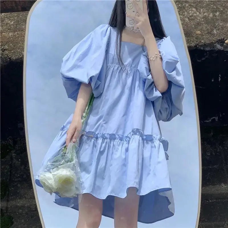 Japanese Sweet Mini Dress for Women Summer New Solid Color Loose Short Sleeve Pleated Korean Dresses Fashion Trend Clothing