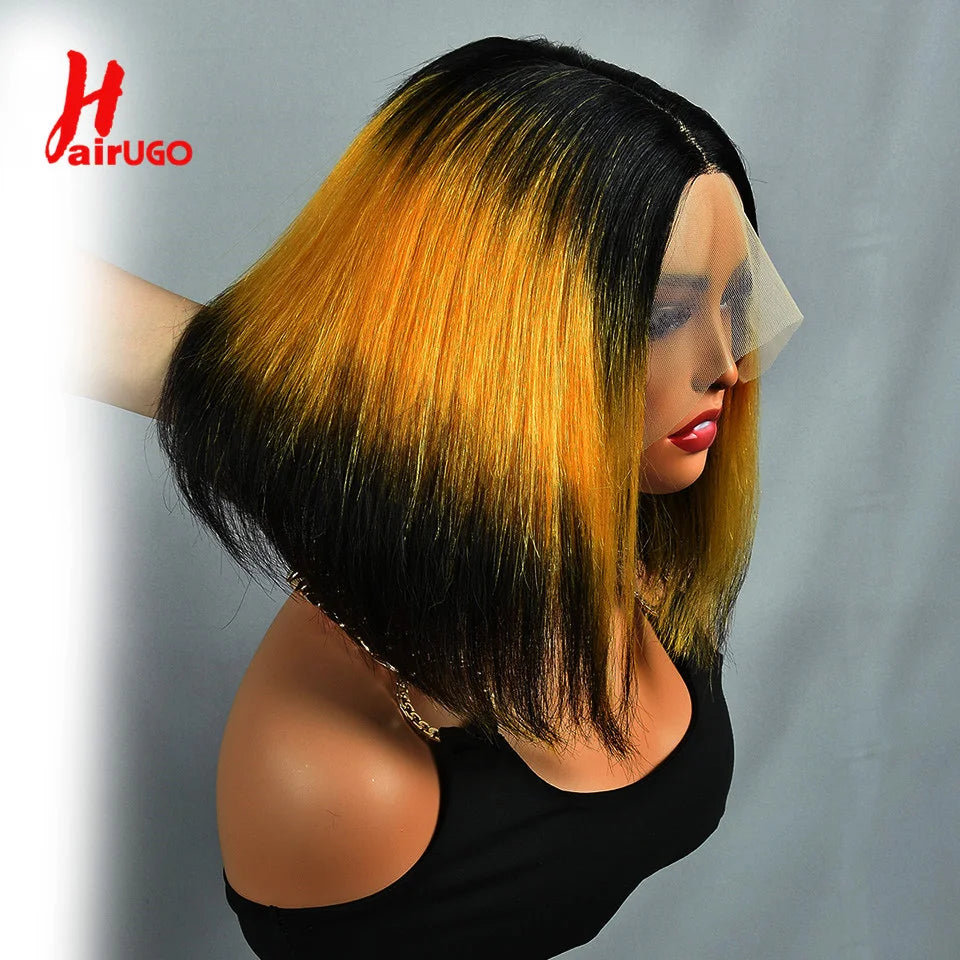 Rainbow Bob Wigs Highlight Orange T Lace Wigs Brazilian Remy T Lace Front Human Hair Wigs For Women Transparent Bone Wig HairUGO