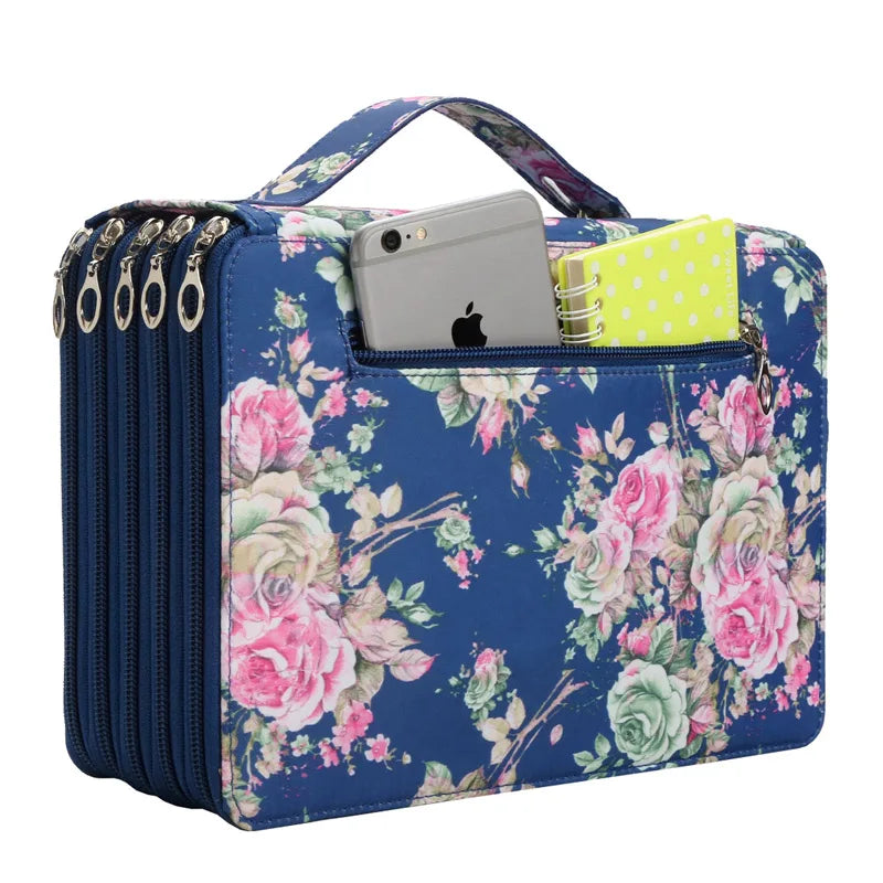 Colorful Flower Pattern 252 Slot 5 Layer Zipper Portable Shoulder Strap Polyester Pencil Case Holder Large Capacity Art Supply