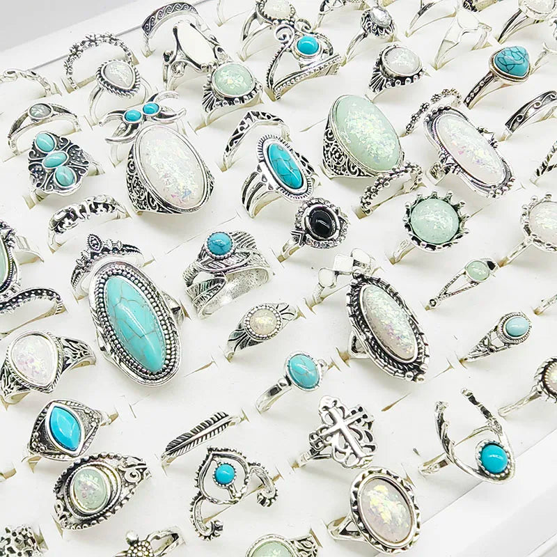 50pcs/Lot Wholesale New Big Opal Stone Finger Rings For Women Bohemia White Enamel Acrylic Water Drop Carved Hollow Jewelry Girl