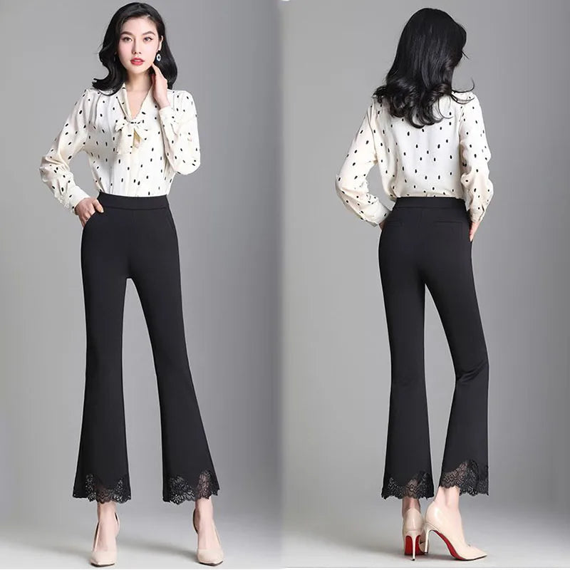 Woman Splicing Lace Fashion Trousers Spring Autumn Thin Office Lady Pocket High Waist Elastic 4XL Loose Female Flare Pants 2022