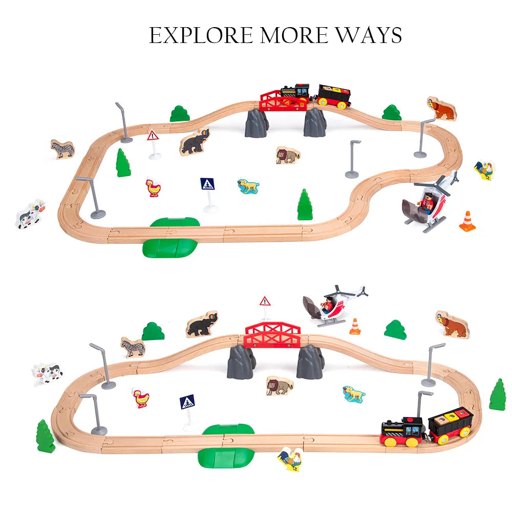 50pcs Forest Wooden Railway Set Electric Train Set Compatible with Other Wooden Tracks Gift for Child Kids Toy