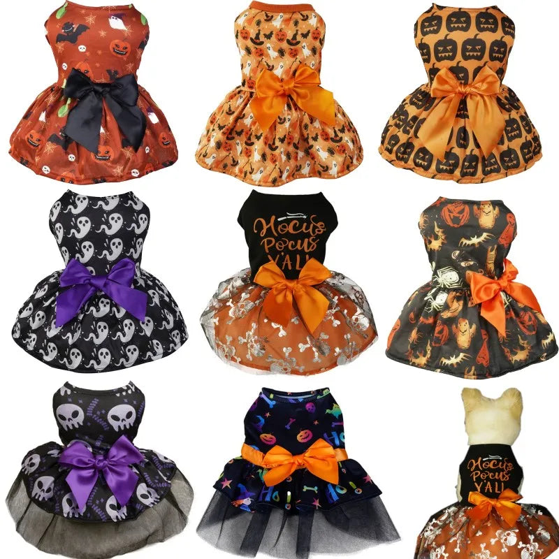 Halloween Dog Clothes with Pumpkin Print Funny Pet Dress Chihuahua Yorkie Clothing Bow Mesh Party Clothing Cat Costume Dog Dress