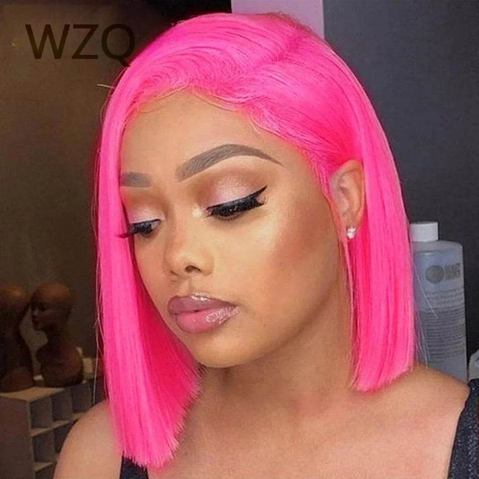 Hot Pink Colored Short Bob Wig 13x4 Lace Front Human Hair Wigs For Women 180% Density Virgin Straight Bob Wig Lace Frontal Wigs