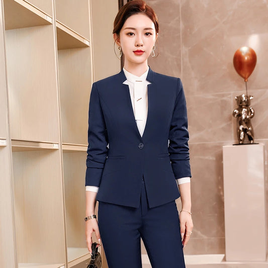 Professional Navy Blue Suits Women Spring Temperament Slim Blazer And Pants Sets Office Ladies Fashion Work Clothes Uniform