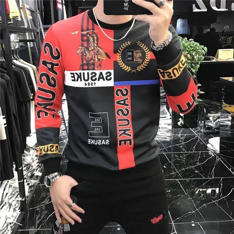 Stylish Youthful Vitality Letter T-shirts Spring Autumn Round Neck Men's Clothing Long Sleeve Casual Spliced Printed Pullovers