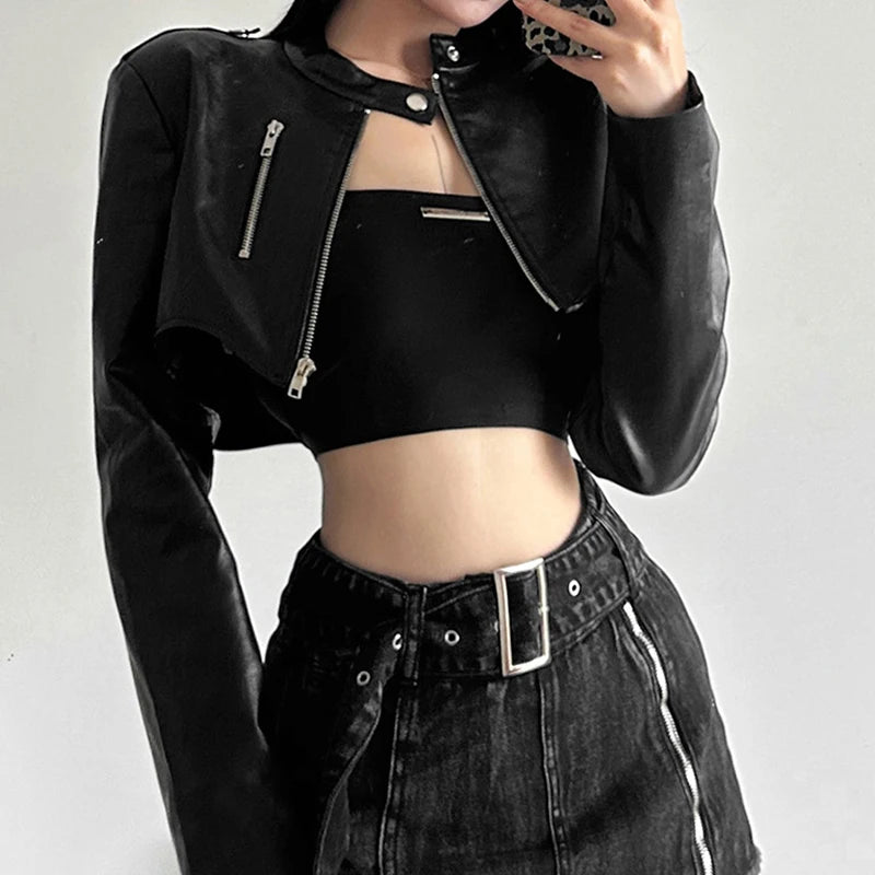 Goth Dark Zipper Cyber Gothic Y2k Crop Jackets Grunge Punk Style Faux Leather Coats Female Fashion Streetwear Irregular Hem Coat