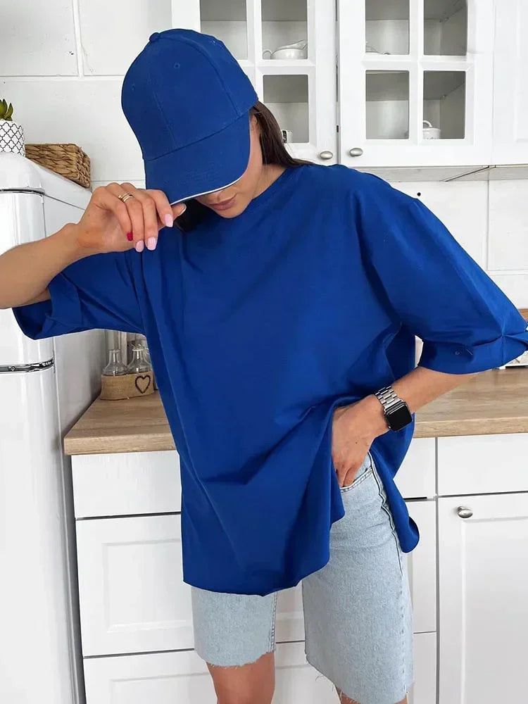 Summer Women's T-shirt Short Sleeve 100 % Cotton Oversized T-shirts Loose Casual O Neck Solid Blue Orange Tees Clothes for Women