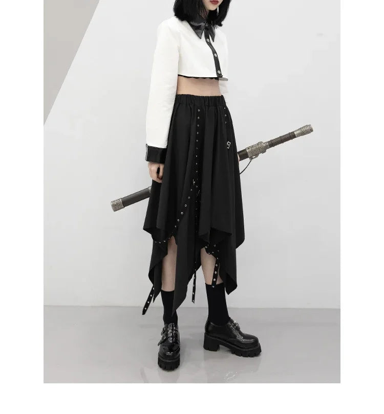 Gothic Irregular Skirts Women Harajuku Vintage Punk High Waist Cargo Midi Skirt Japanese Black Pleated Casual A Line Skirt