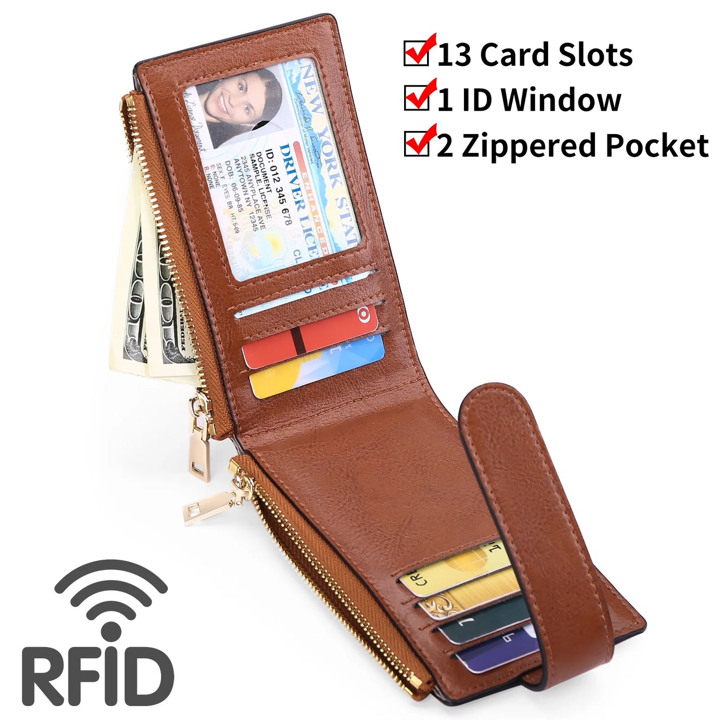 2023 New Leather Ladies ID Credit Card Holder Zipper Coin Purses AirTag Tracker Large Capacity RFID Anti-theft Brush Dollar Clip