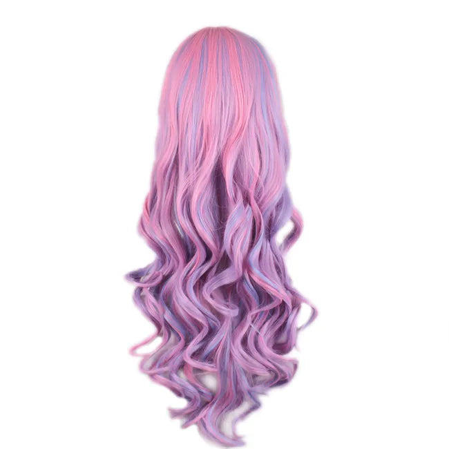 Synthetic Hair Blue Rainbow Wig With Bangs Wavy Party Cosplay Female Wigs For Women Long Anime Wig Colored Red Pink Brown Yellow