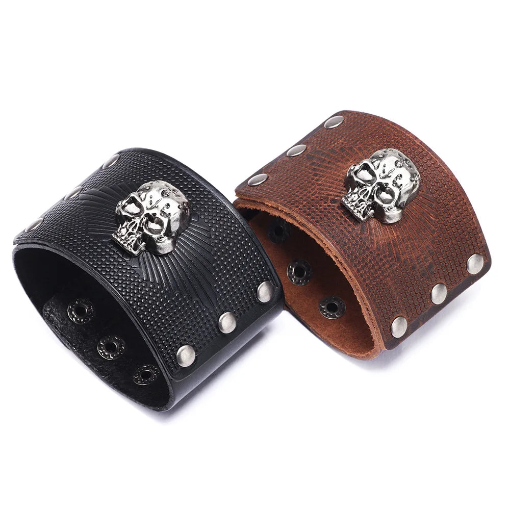 Gothic Skull Cowhide Men Wide Bracelets Women Jewelry Punk Rock Cool Stuff Fashion Accessories Halloween Gift Wholesale