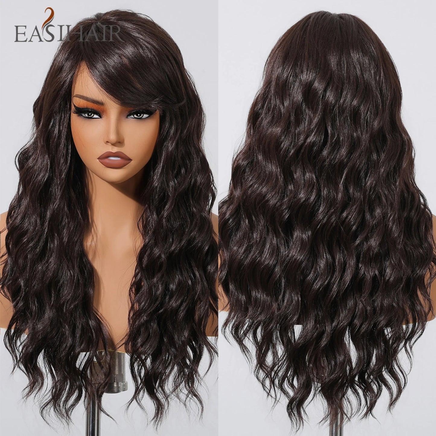 EASIHAIR Long Wavy Brown Synthetic Wigs for Women Dark Brown Wigs With Side Bangs Natural Hair for Daily Use Heat Resistant Wig