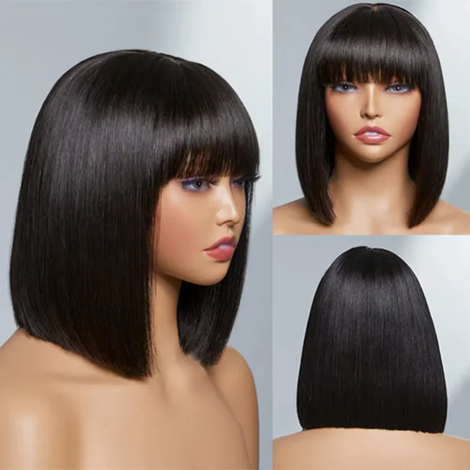 Straight Bob Wig With Bangs For Women Peruvian Full Machine Made Wig for Women Natural Color 100% Human Hair Wigs Short Bob Wig