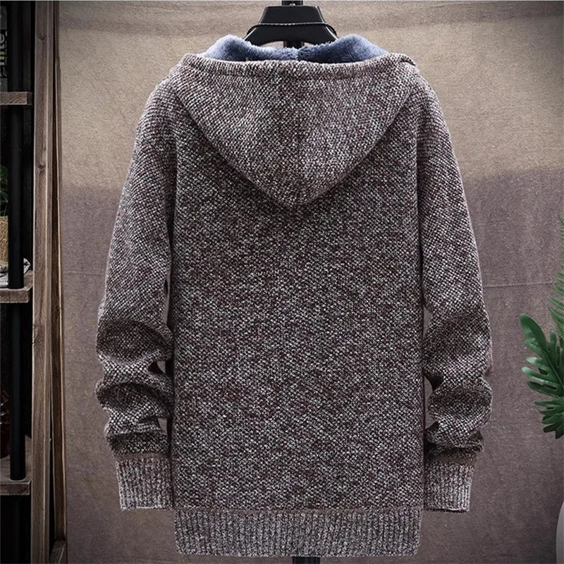 Men‘s Hooded Cardigan Knitted Sweater Winter Thick Fleece Warm Casual Knitwear Coat Solid Color Cardigan Men Hooded Sweaters