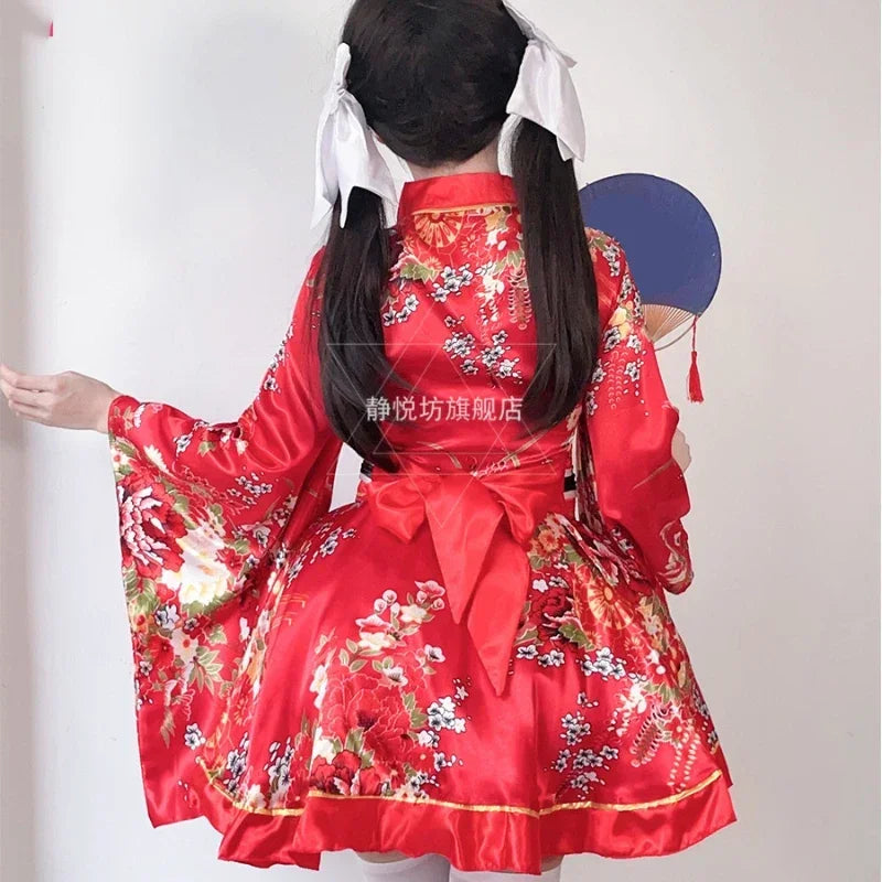 Japanese Kimono Yukata Robes Kawaii Girls Floral Printed Haori Suit Lovely Lolita Dress For Women Maid Cosplay Costume Halloween