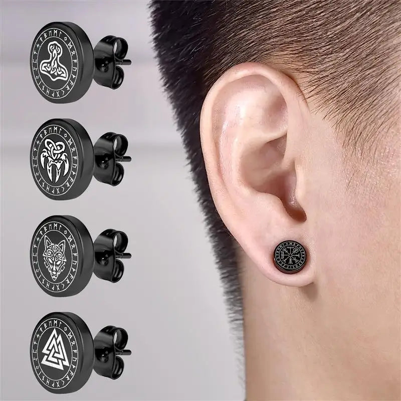 1 Pair Gothic Viking Runes Stud Earrings for Men Boys Rock Punk Stainless Steel Wolf Head Compass Celtic Knot Earrings