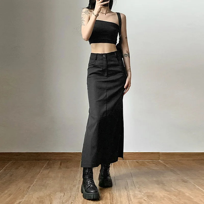 Goth Dark Grunge Casual Tag Split Women Midi Skirts Mall Gothic Punk High Raise Slim Long Skirt Y2k Sexy Fashion Streetwear